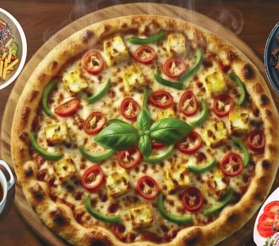 Lyallpur special pizza surrounded by karahi, seekh kebab and grilled chicken